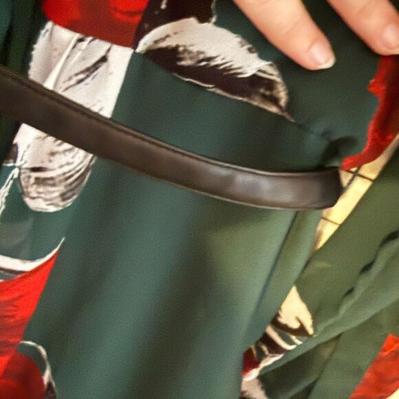 eShakti Green Floral Fit & Flare Dress Ruffle Faux Leather Belt 1X Dark Romantic - Picture 16 of 16